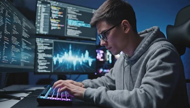 national science fiction day young man programming code on computer keyboard