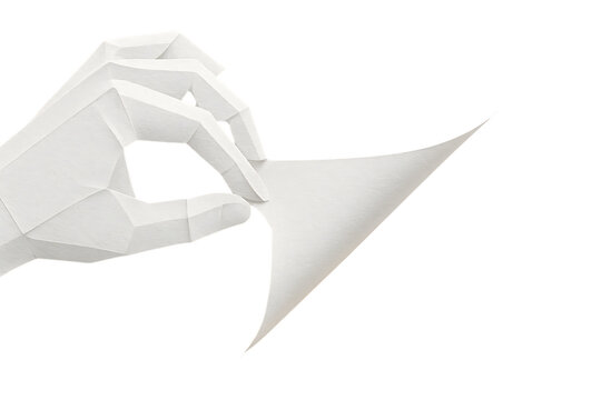 White geometric hand peeling back a blank paper corner revealing new idea isolated on transparent background