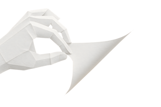 White geometric hand peeling back a blank paper corner revealing new idea isolated on transparent background
