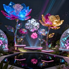 Luminous Fantasy Flowers in a Futuristic Oasis