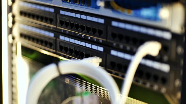 Server rack showing an Ethernet patch panel with connected cables for data network