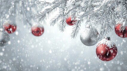 Christmas tree branch with red and silver ornaments covered in snow during a snowfall scene