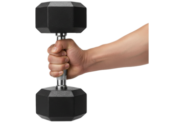 PNG. hand with dumbbell. Hand holding a heavy black dumbbell representing fitness and strength training Isolated on transparent background. gym, fitness concept.