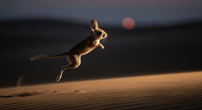 Desert Jerboa Leaping at Sunset with Blurred Sun