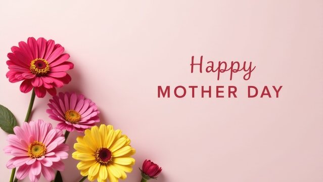 A colorful Mother's Day card featuring flowers on a pink background, suitable for gifts or personal messages