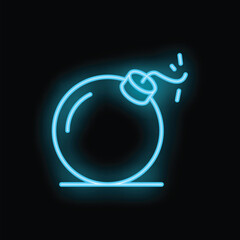 Neon sign depicting a round bomb with a burning fuse, emitting sparks and glowing blue light against a dark backdrop