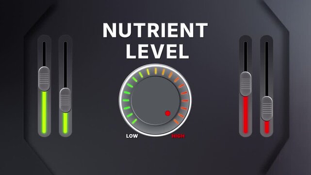 Animation of Nutrient level on a circular gauge moving from low to high and back. Ideal for nutrition, wellness, health or metabolic data content.