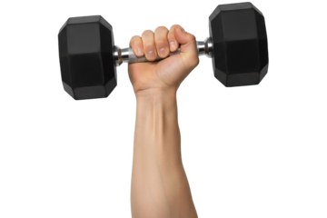 PNG. hand with dumbbell. Hand holding a heavy black dumbbell representing fitness and strength training Isolated on transparent background. gym, fitness concept.