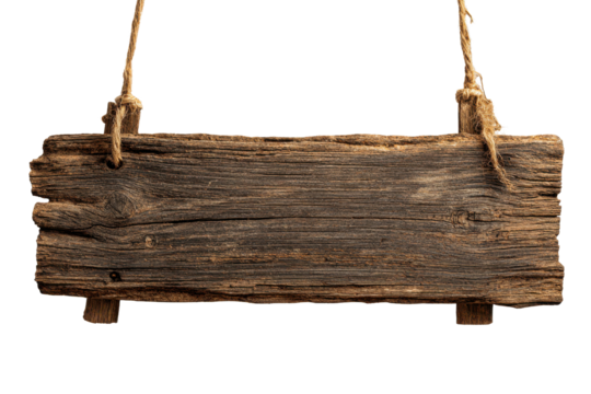 Rustic weathered wooden sign hanging by rope on black background image, Isolated On Transparent Background, Png Cut Out