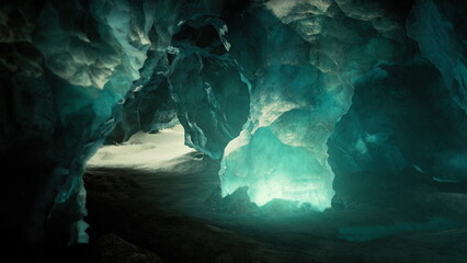 Majestic ice caves reveal shimmering turquoise colors as light filters through. Natural formations tell the story of time, creating a serene and mysterious atmosphere within the glacier.
