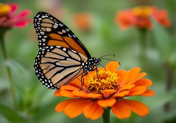 Obraz premium A monarch butterfly rests on a bright orange zinnia flower with a blurred green background, showcasing vibrant colors and delicate details