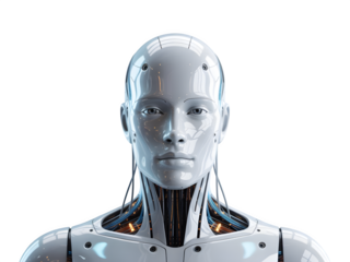 Close up of futuristic robot face isolated on transparent background