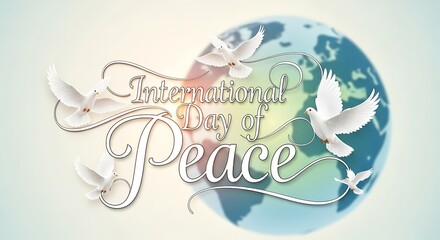 International day of peace doves flying around earth globe for world peace and harmony event