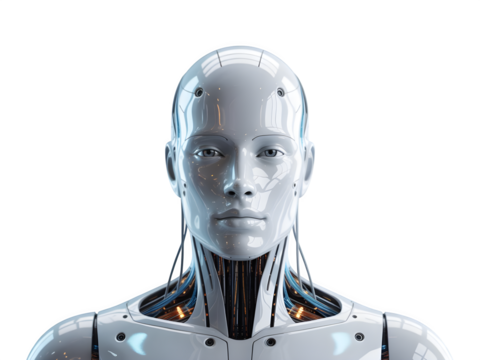 Close up of futuristic robot face isolated on transparent background - Powered by Adobe