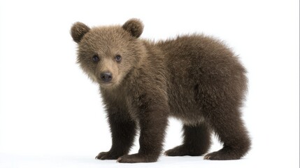 Brown Bear Cub Lying Calmly on White Background Close-Up