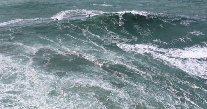 Aerial drone shot of big wave surfer surfing a giant wave and celebrating in Nazare, Portugal, Europe. Nazar&eacute;, big wave surfing town with biggest waves in the world. Shot in ProRes 422 HQ