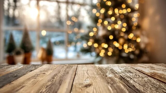 Empty rustic wooden table foreground with blurred christmas tree and winter window in background