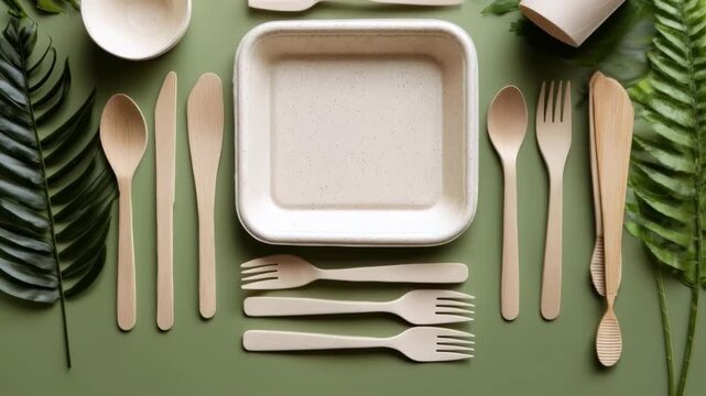 Eco-friendly disposable tableware with natural wood and plant-based materials promoting sustainability