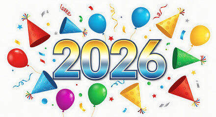 Colorful 2026 new year celebration with balloons, new year event