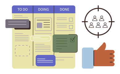 Kanban board displaying To Do, Doing, and Done columns, task cards, and checkboxes, with target audience icon and thumbs-up gesture. Ideal for productivity, project management, workflow goal © robu_s