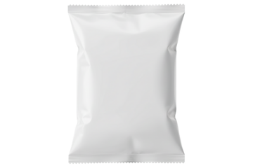 PNG. white plastic bag. White blank snack bag mockup for chips, crisps or food packaging Isolated on transparent background.