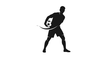 Dynamic black silhouette of a male soccer player holding a football with a swoosh effect, isolated on a white background.