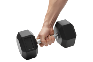 PNG. hand with dumbbell. Hand holding a heavy black dumbbell representing fitness and strength training Isolated on transparent background. gym, fitness concept.