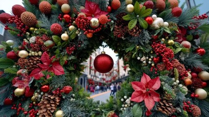 Elaborate christmas wreath featuring ornaments, pinecones, berries, poinsettias framing a decorated street - Powered by Adobe
