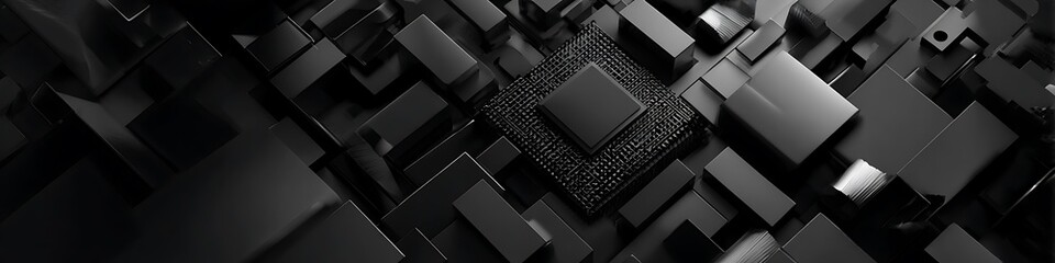 Monotone black and gray mobile gear flatlay on cube-based geometry