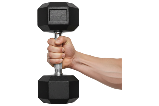 PNG. hand with dumbbell. Hand holding a heavy black dumbbell representing fitness and strength training Isolated on transparent background. gym, fitness concept.