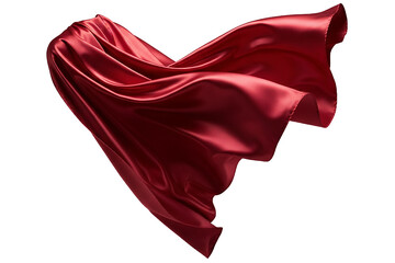 PNG. red satin fabric. Flowing red silk superhero cape waving in the wind, shiny fabric texture Isolated on transparent background.