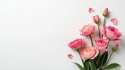 Obraz premium Fresh pink roses arranged in a beautiful bouquet on a white surface