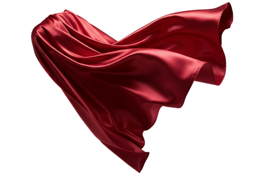 PNG. red satin fabric. Flowing red silk superhero cape waving in the wind, shiny fabric texture Isolated on transparent background.