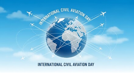 International civil aviation day celebration with airplanes around the world vector design