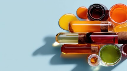 Test tubes arranged in a circular rack with varied chemical viscosities creating compelling laboratory textures