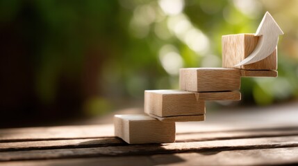 Wooden blocks forming a staircase toward an upward arrow, representing step-by-step business development