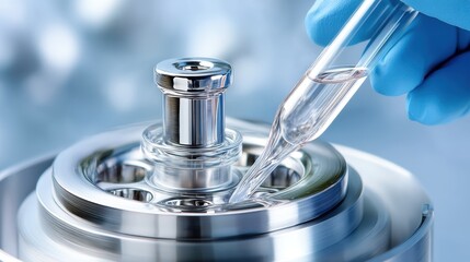 Scient gloved hand placing a test tube into a centrifuge, showcasing precision and sterile lab conditions