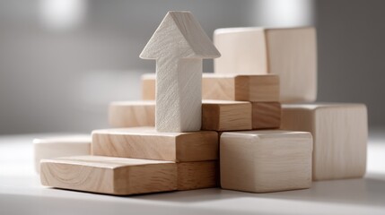 Wooden blocks forming a staircase toward an upward arrow, representing step-by-step business development