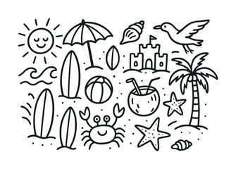 Vector Summer beach doodles: sun, surfboards, palm trees, and seaside fun