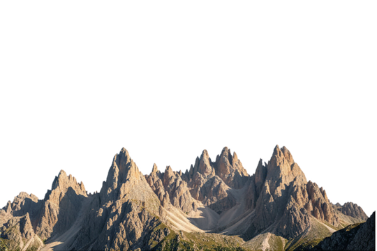 PNG. Jagged rocky mountain range with sharp peaks under sunlight, panorama cutout Isolated on transparent background. mpuntain peaks.