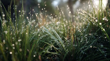 Dew kissed grass blades glow in soft morning light in nature.