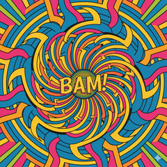 This image is a vibrant, abstract, and highly dynamic digital painting. The main feature is a swirling, psychedelic vortex of color that emanates from a central point.