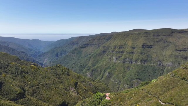 Hiking trails and lush vegetation along interior mountains of Madeira, aerial