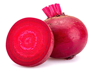 Fresh beetroot half and whole showing vibrant color on white background
