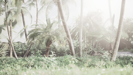 A vibrant tropical scene displays tall palm trees swaying gently in the breeze. Lush greenery covers the ground while sunlight filters through the leaves, creating a serene atmosphere.