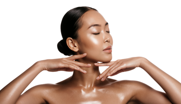 Young Asian woman with wet, glowing skin posing elegantly, hands touching jawline and neck.