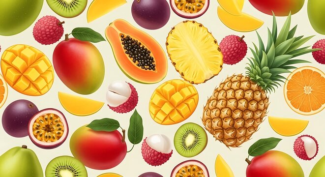 tropical fruit, exotic fruit, fruit pattern, seamless pattern, fruit background, colorful, vibrant, fresh, healthy, food, nutrition, summer, abundance, variety, assortment, mixed fruits, mango, pineap - Powered by Adobe