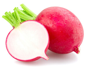 Fresh radishes whole and sliced showing vibrant color on white surface