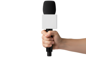 PNG. hand holding a reporter's microphone. Hand holding a reporter's microphone for an interview isolated on transparent background.