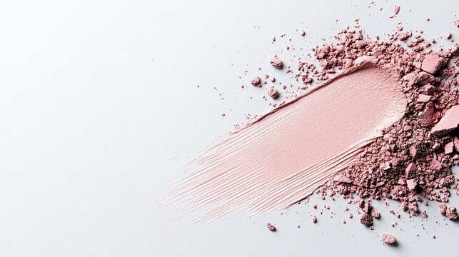 A swatch of pink powder makeup with a textured brush stroke, surrounded by scattered powder particles on a clean, light surface.